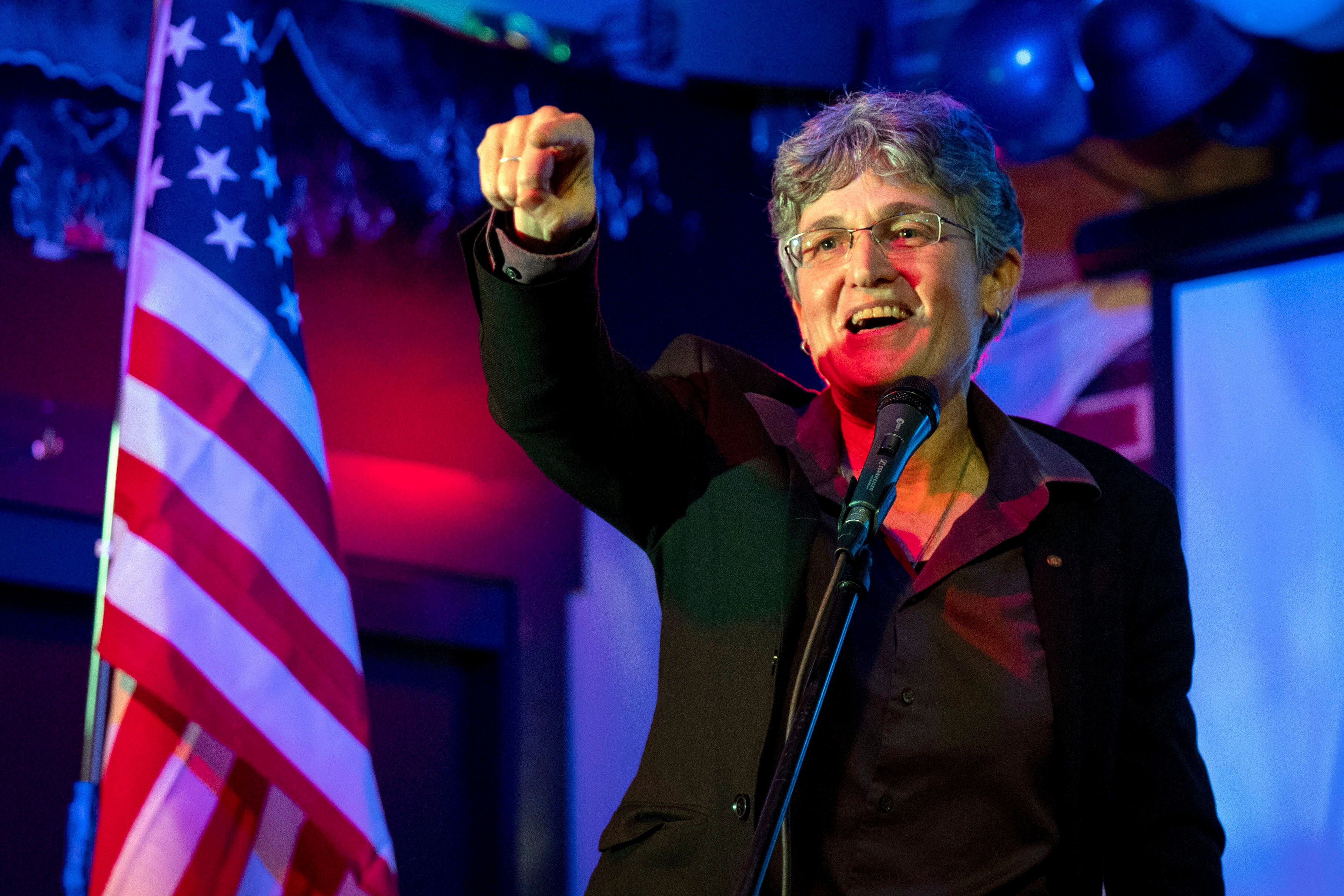 Democratic House candidate Jamie McLeod-Skinner addresses supporters in Bend, Oregon, on election night. She faults Rep. Kurt Schrader (D-Ore.) for failing to back her in the general election after defeating him in the primary.