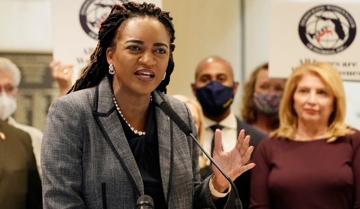 Florida state Rep. Fentrice Driskell (D) speaks during a 2021 press conference to oppose a special legislative session targeting vaccine mandates.