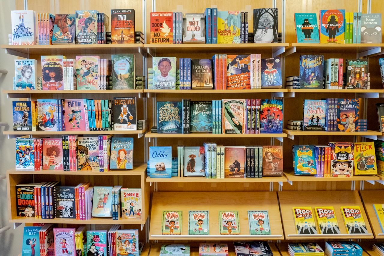 Children's books on the shelves at bbgb in Richmond, Virginia.