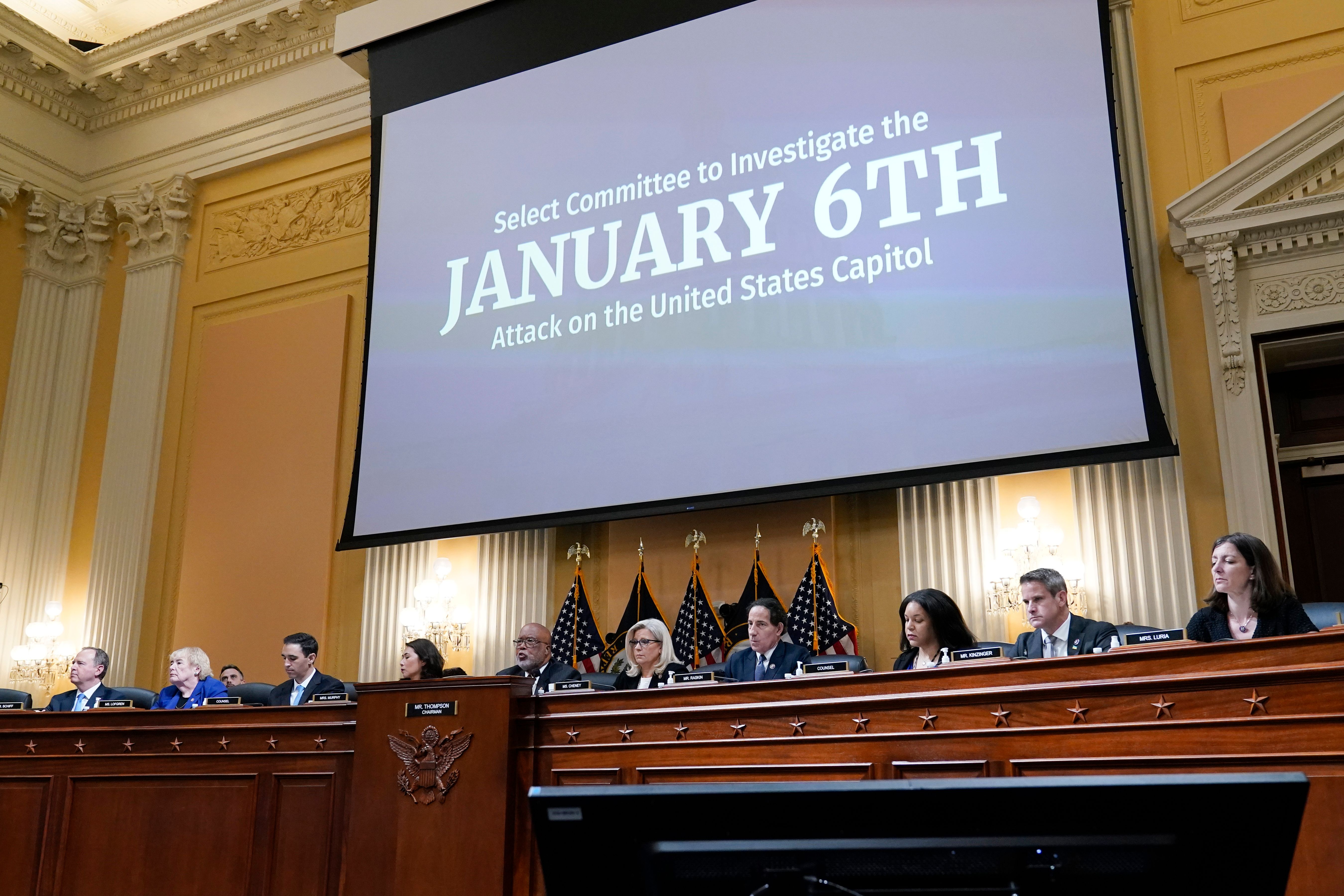 From left, Rep. Adam Schiff, D-Calif., Rep. Zoe Lofgren, D-Calif., staff counsel Dan George, Rep. Stephanie Murphy, D-Fla., Chairman Rep. Bennie Thompson, D-Miss., Vice Chair Rep. Liz Cheney, R-Wyo., Rep. Jamie Raskin, D-Md., staff counsel Candyce Phoenix, Rep. Adam Kinzinger, R-Ill., and Rep. Elaine Luria, D-Va., sit on the dais as the House select committee investigating the Jan. 6 attack on the U.S. Capitol holds a hearing at the Capitol in Washington, July 12, 2022. On Monday, Dec. 19, the House select committee investigating the Jan. 6 attack on the U.S. Capitol will hold its final meeting. (AP Photo/J. Scott Applewhite, File)